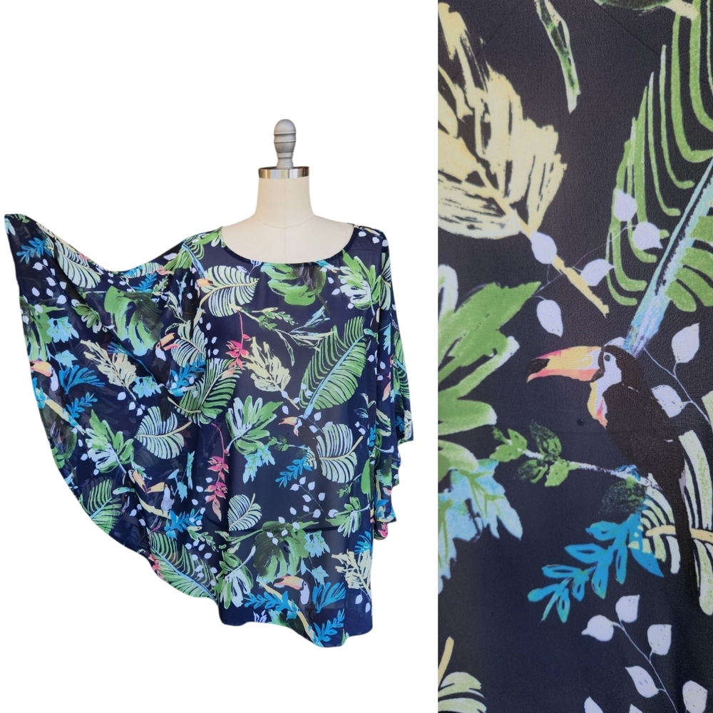 Chicos L/XL Tossed Tucan Chianti Sewn Sides Butterfly Sleeve Poncho Midnight